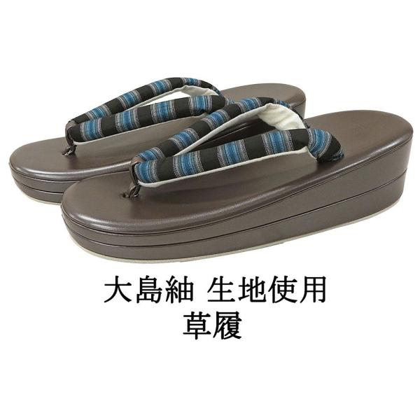 商品説明 大島紬生地を鼻緒に使用した草履です。正絹生地が使われたおしゃれなデザインの鼻緒。小紋や紬などのカジュアル着物と相性の良い草履です。色・柄台 焦茶色/エナメル調鼻緒 黒・紺・緑 他／横縞模様サイズサイズ 長さ約24cm／幅約8.5c...