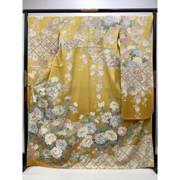 着物 振袖 友禅 良好 中古 花柄 黄 正絹 裄68.5cm レディース 女性