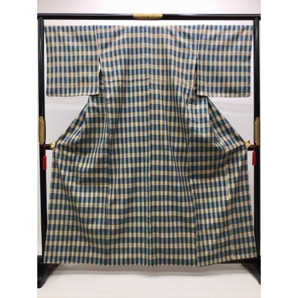 ① ざざんざ織か伊兵衛織　緑、ベージュ、紺の縞　美品　単衣 ① ざざんざ織か伊兵衛織 緑、ベージュ、紺の縞 美品 単衣 レディース