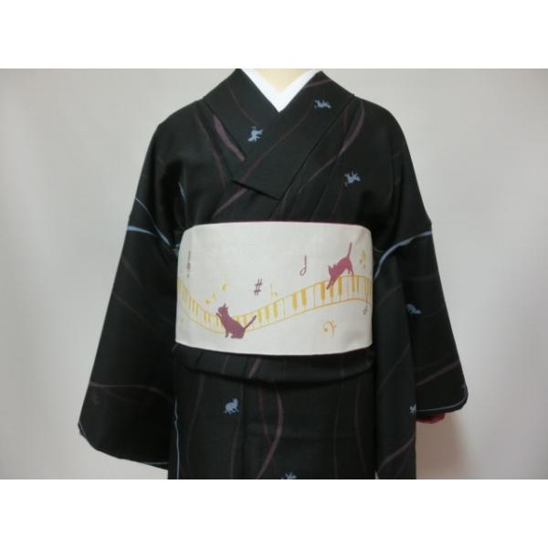 新品 仕立上り 洗える 猫柄着物（袷Mサイズ）・半幅帯2点セット