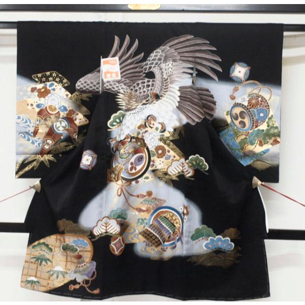 新品 0046 セール！お宮参り 正絹祝い着 男の子用熨斗目 黒地 鷹 