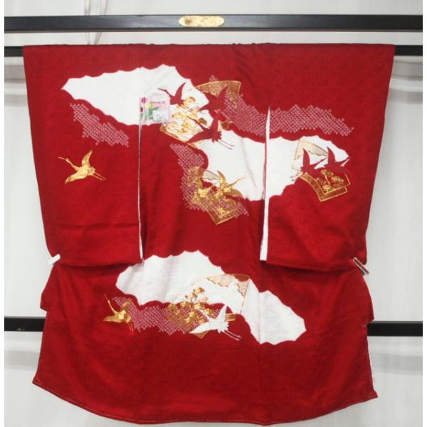 新品 0026 セール！お宮参り祝い着 女の子用 正絹熨斗目 赤 鶴・雲取り 