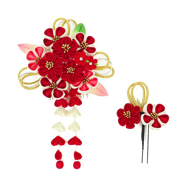 全国宅配無料 髪飾り 成人式 振袖 前撮り 袴 2点セット 花 赤 白 オフホワイト ピンク ちりめん つまみ細工 藤下がり 下がり ラインストーン かんざし 簪 レトロ No 12 0105 新発売の Zoetalentsolutions Com