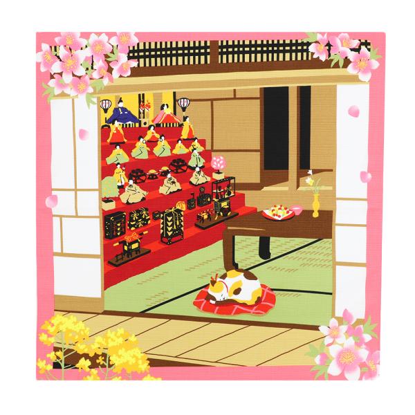 風呂敷 日本製 50cm幅 中巾 三毛猫みけの夢日記 みけとお雛様 3月 桜 さくら サクラ 花 お雛様 雛祭り 三毛猫 みけねこ ネコ ねこ 猫 綿100％ 粋 モダン 北欧 テーブルクロス インテリア スカーフ リメイク タペストリー ...