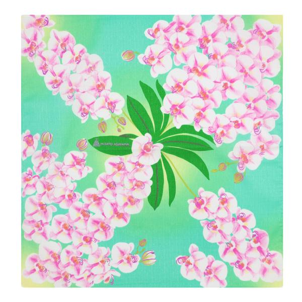 風呂敷 日本製 50cm幅 中巾 胡蝶蘭 コチョウラン 花 エメラルドグリーン 浅山美里 ASAYAMAMISATO 和 綿100％ 粋 モダン 北欧 テーブルクロス インテリア スカーフ リメイク タペストリー ワイン包装 ペットキャリー...