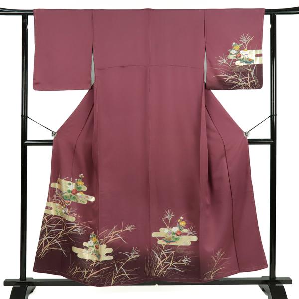 中古 訪問着 リサイクル 着物 フォーマル 新古品 正絹 赤紫 臙脂 花 牡丹 桔梗 薄 萩 礼装用 結婚式 おしゃれ 身丈161cm 裄66.5cm Sサイズ No.3-0492