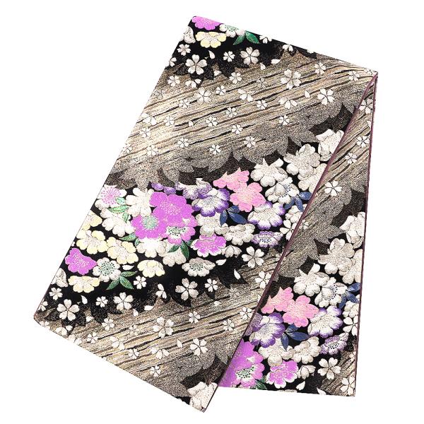 中古 袋帯 振袖用 リサイクル 正絹 金 黒 桜 花びら 斜め縞 唐織 金糸 