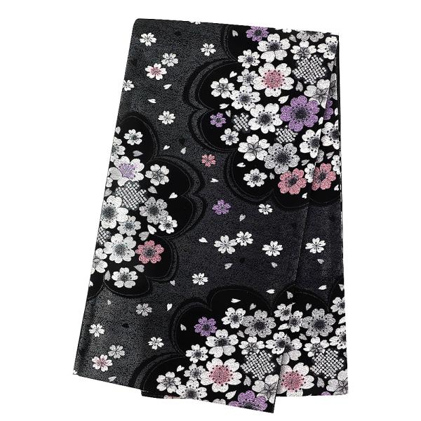 中古 袋帯 振袖用 リサイクル 正絹 黒 桜 花びら 鹿の子 唐織 金糸