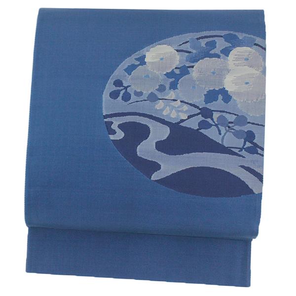中古 袋帯 正絹 リサイクル 本藍染 明綴れ 青 紺 丸 花 桔梗 流水 菊 抽象的 モチーフ おしゃれ 中古 仕立て上がり お洒落着 カ No.6-1619