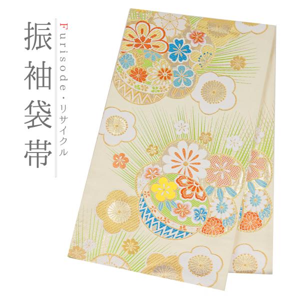 袋帯 正絹 中古 全通 クリーム色 オレンジ 青 黄色 金糸 鞠 梅 桜 菊