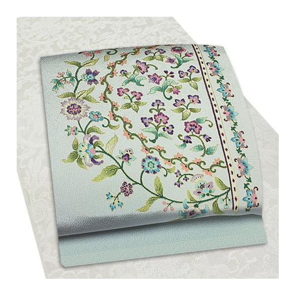 名古屋帯 岡重 九寸 薄水色地 水色 花唐草 金 金彩加工 正絹 浜