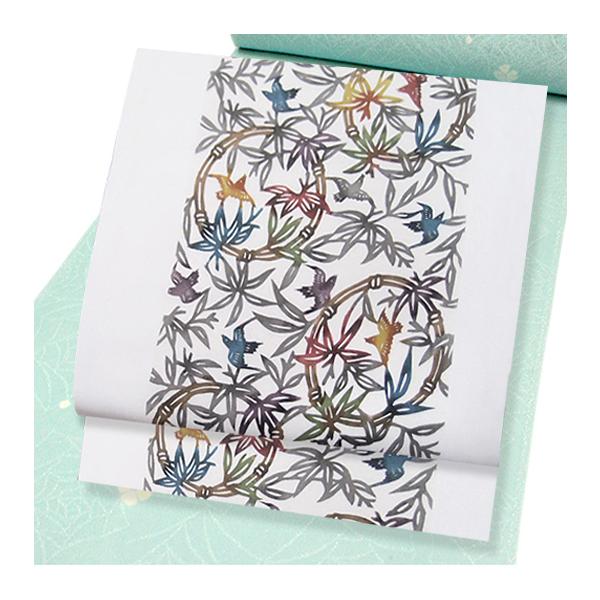 名古屋帯 江戸紅型 紅型染 和染紅型 染め帯 正絹 塩瀬 竹に雀 白地