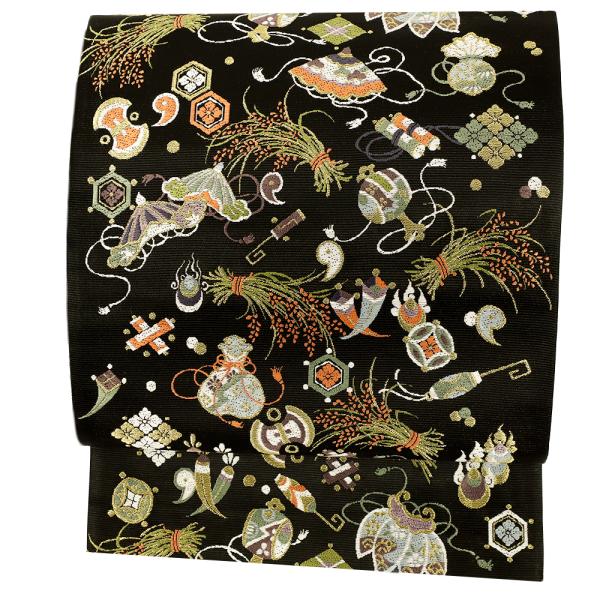 袋帯 正絹 西陣織 山下織物 唐織 黒地 豊年宝尽くし 未仕立て品 着物