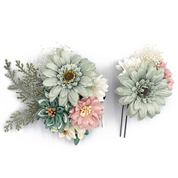 髪飾り 成人式 振袖 2点セット 緑 エメラルドグリーン ピンク 薄緑 白