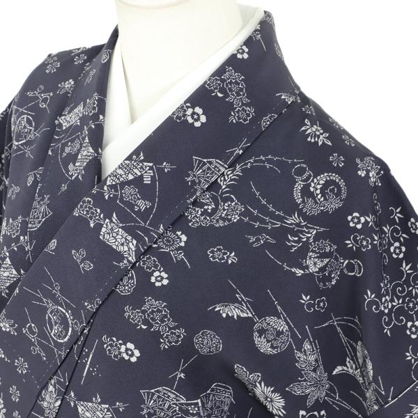 中古 小紋 リサイクル 着物 正絹 青 松竹梅 菊 楓 帆船 千鳥 櫛 
