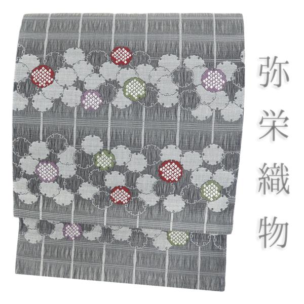 O0280 新品 お仕立上り 逸品 お洒落 弥栄織物 正絹 袋帯♪ 袋帯 弥栄織物 正絹 グレー 中古 雪輪 格子 リサイクル 三重組織超軽量