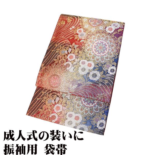 本日の特売品 ／ 振袖用 袋帯 正絹 紫 金 赤 緑 暈し 華文様 桜 L