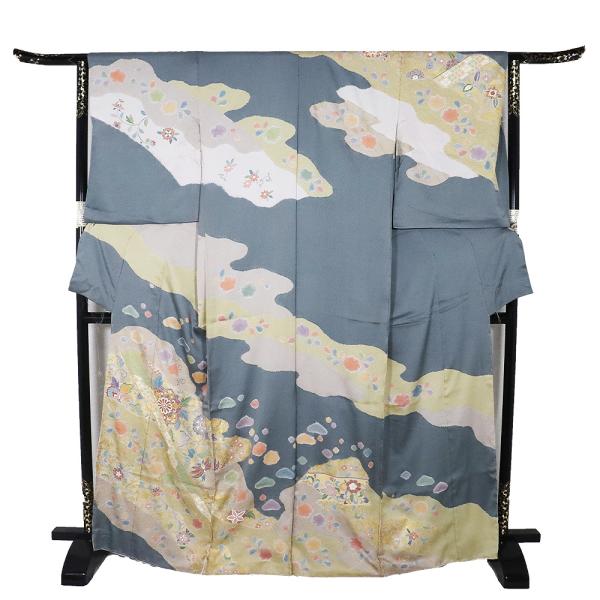 仮絵羽 訪問着 正絹 緑 ライトグレー 白 ピンク 金箔 絞り 松竹梅 流水 唐花 華文 Mサイズ Lサイズ ki30147 未仕立て 新品 送料込み