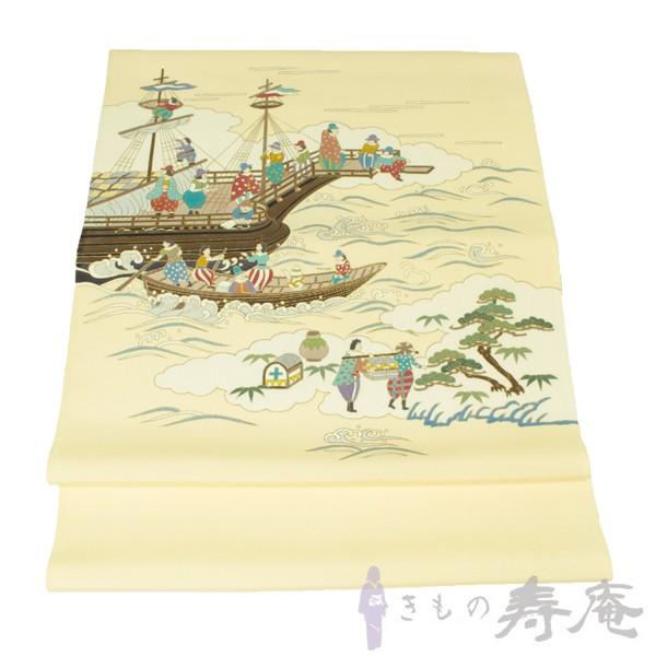 名古屋帯 仕立て込み 塩瀬染九寸帯 南蛮船 クリーム色 絹100 名古屋帯 仕立て込み 塩瀬染九寸帯 南蛮船 クリーム色 絹100
