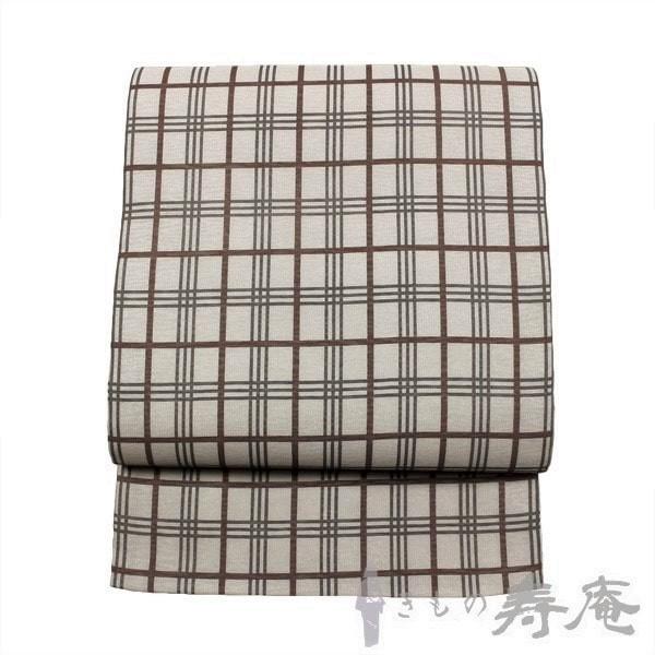 袋帯 染帯 格子柄 チェツク グレー ブラウン 大正ロマン モダン 全通柄