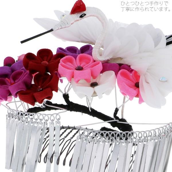 鶴　かんざし　ちりめん　髪飾り　つまみ細工　花　成人式　振袖　ピンク　下がり Prices down3）成人式 髪飾り つまみ細工 かんざしコーム「ピンク