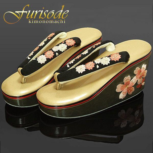 Prices down)成人式 草履 厚底 ヒール草履 振袖「黒×ゴールド Prices down)成人式 草履 厚底 ヒール草履 振袖「黒×ゴールド