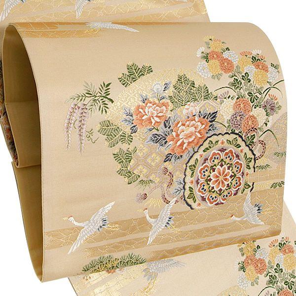 Prices down2）袋帯（未仕立て）「淡いベージュ ヱ霞に鶴、扇面花模様 