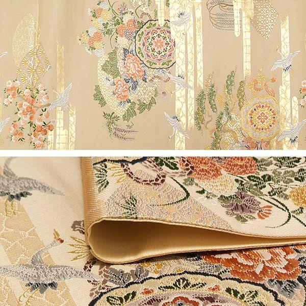 Prices down2）袋帯（未仕立て）「淡いベージュ ヱ霞に鶴、扇面  