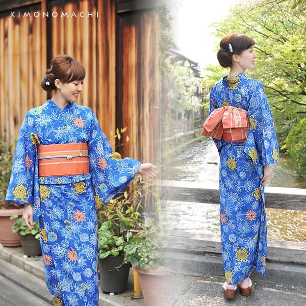 KIMONOMACHI 浴衣 レディース 単品「コバルトブルー 菊」 フリーサイズ