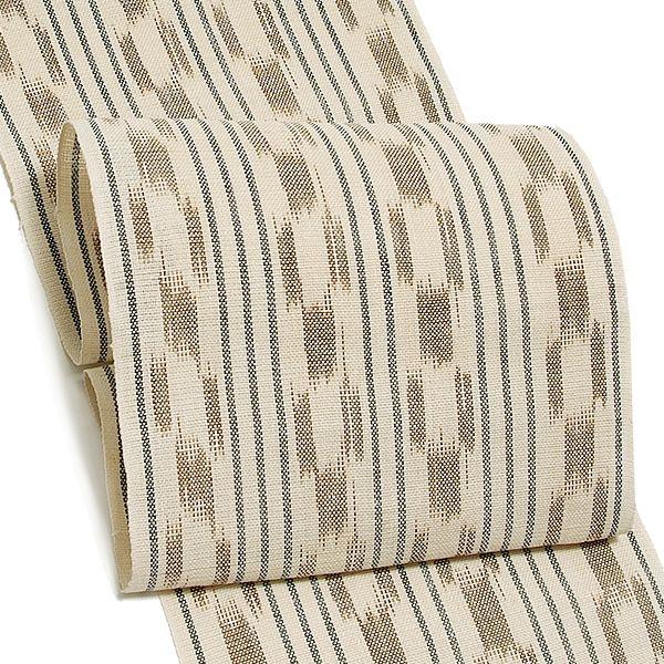 未仕立て 名古屋帯「茶色、紺色 変り縞」 夏帯 正絹帯 麻帯 洒落がすり  