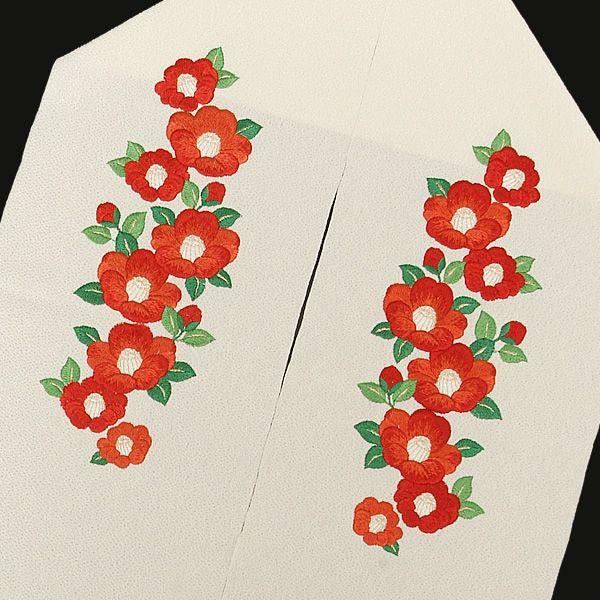 Prices down3）振袖 半襟 刺繍 「白色 赤椿」白 赤 花 椿 刺繍