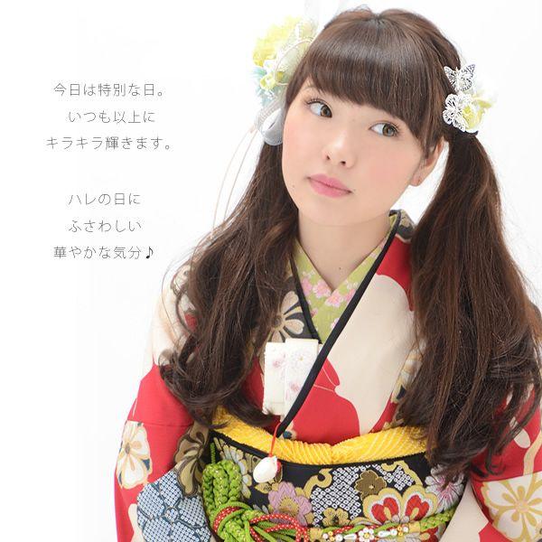 成人式 髪飾り お花とつまみ細工 2点セット「レモンイエロー お花と