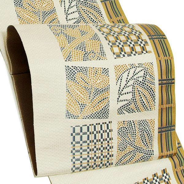 Prices down）本場筑前博多織 名古屋帯「白色 モザイク格子、間道」 未  