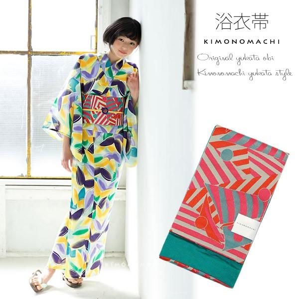 KIMONOMACHI 小袋帯 浴衣帯単品「ピンク×グリーン 幾何学ヨット