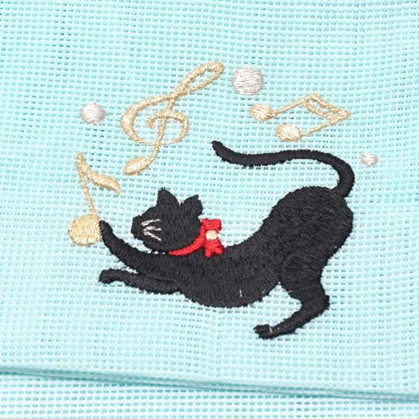 Prices down）夏 半幅帯「水色 猫」四寸帯 細帯 夏帯 刺繍 夏着物 