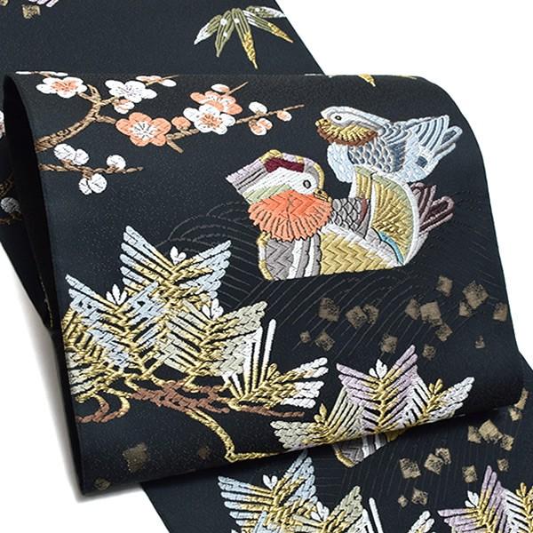 Prices down2）礼装 袋帯「黒墨色 松竹梅鴛鴦文」羽田登喜男監修 未  