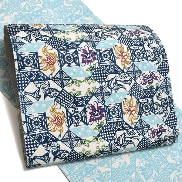 Prices down4）洒落 袋帯「ブルー 幾何学更紗」紬 未仕立て 栗山吉三郎