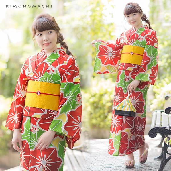 KIMONOMACHI （Prices down）浴衣 レディース 「赤×もえぎ色 お花と猫