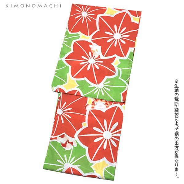 KIMONOMACHI 浴衣 レディース 「赤×もえぎ色 お花と猫」ポリエステル