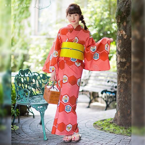 Prices Down 浴衣 レディース 赤 コーラルピンク レトロイラスト ポリエステル Llサイズss26ykl50 京都きもの町 通販 Yahoo ショッピング