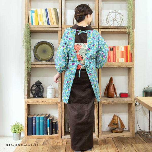 割烹着 おしゃれ 「あさぎ色 麻の葉」日本製 オシャレ かわいい 綿割烹着 ロング割烹着 着物割烹着 エプロン プレゼント最適品 【送料無料】【メール便不可】