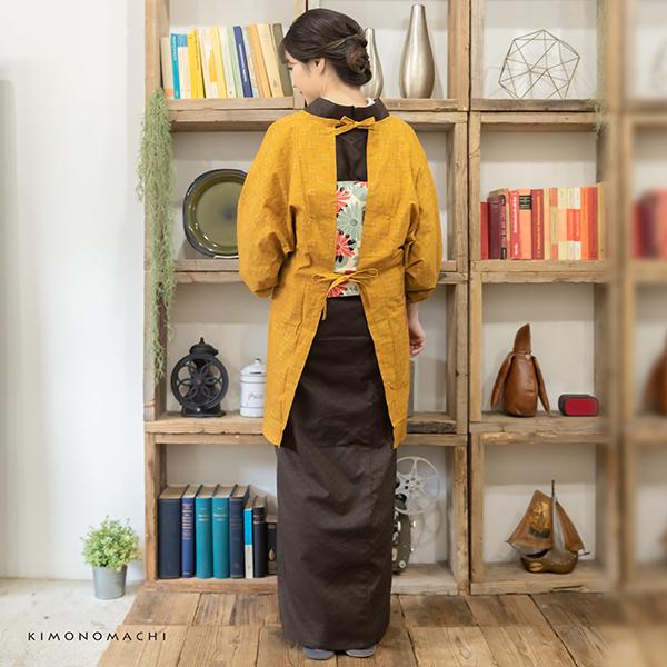 割烹着 おしゃれ 「からし色 絣風」日本製 オシャレ かわいい 綿割烹着 ロング割烹着 着物割烹着 エプロン プレゼント最適品 【送料無料】【メール便不可】