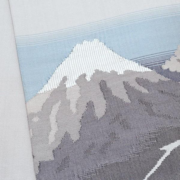 Prices down）お仕立て上がり 正絹細帯「白鼠色 富士山」 手織り 半幅 
