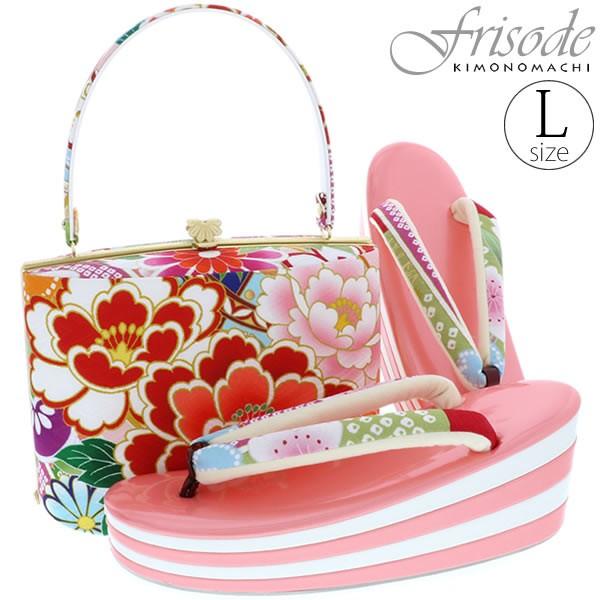 和装バッグ＆草履セット白×淡いピンク花柄Lサイズ