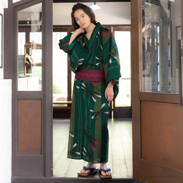 浴衣 メンズ 男性 夏着物 ポリエステル 「縞にトンボ 緑」 サイズ M/L