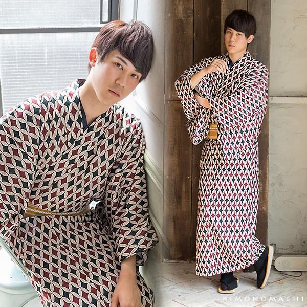 Prices down2）浴衣 メンズ 男性 夏着物 ポリエステル 「ダイヤ七宝 赤