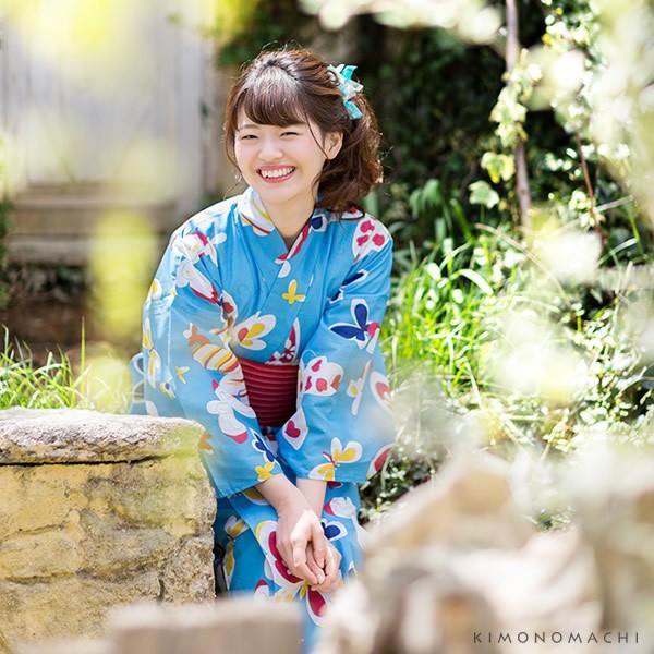 浴衣 レディース 京都きもの町オリジナル 浴衣単品「水色 蝶々」お 