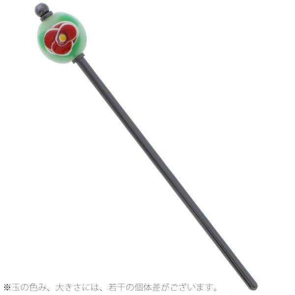 Prices down3）ガラス玉 かんざし「グリーン×赤色椿」 簪 髪飾り