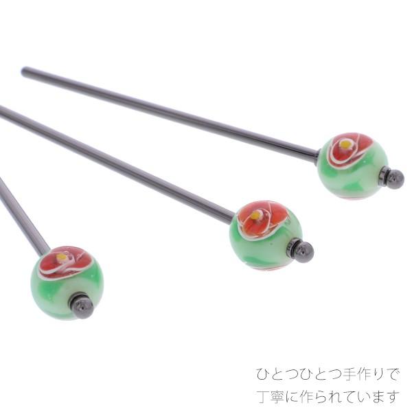 Prices down3）ガラス玉 かんざし「グリーン×赤色椿」 簪 髪飾り
