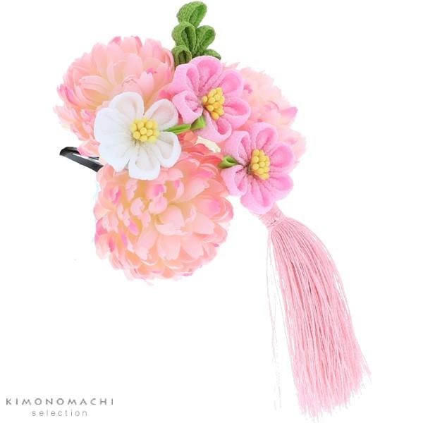 七五三 髪飾り 3歳 花「 ピンク お花と房飾り」子供 つまみ細工 5歳 7